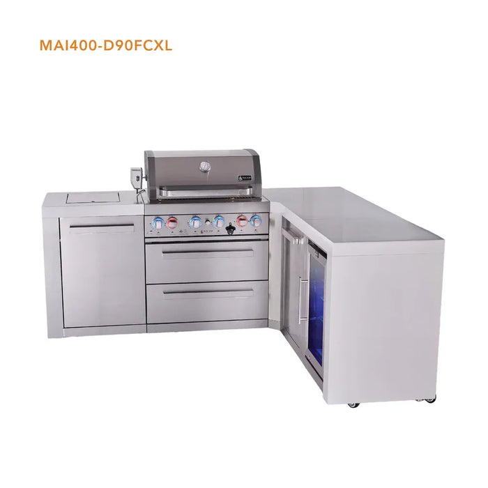 Mont Alpi Mont Alpi 4 Burner L-Shaped Deluxe Series Outdoor Kitchen Island with Fridge and Extra Storage Cabinet MAi400-D90FCXL Barbecue Finished - Gas