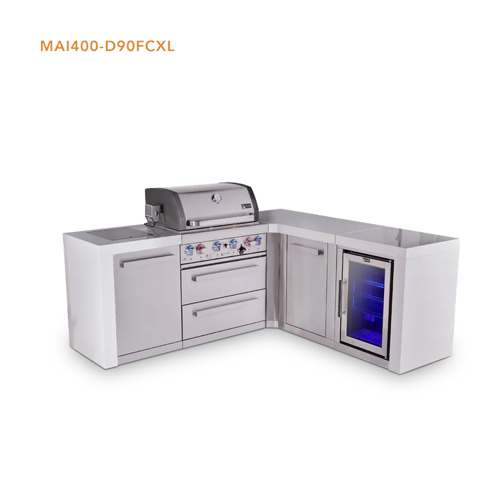 Mont Alpi Mont Alpi 4 Burner L-Shaped Deluxe Series Outdoor Kitchen Island with Fridge and Extra Storage Cabinet MAi400-D90FCXL Barbecue Finished - Gas