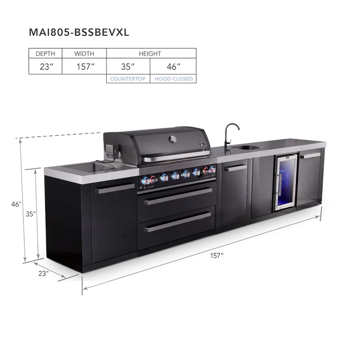 Mont Alpi Mont Alpi 6-Burner Black Series Outdoor Kitchen Island with a Beverage Center and Extra Storage Cabinet MAi805-BSSBEVXL Barbecue Finished - Gas