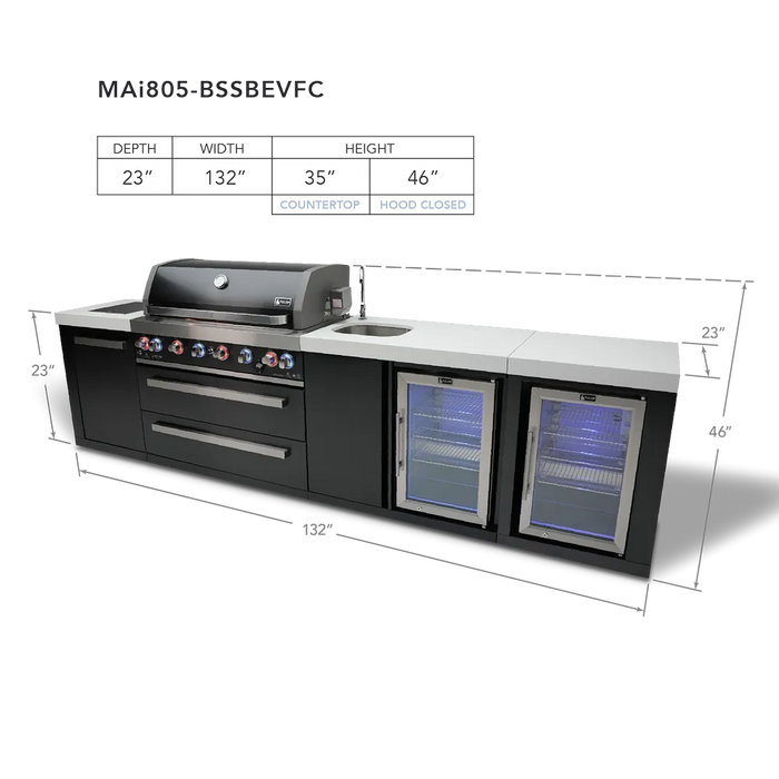Mont Alpi Mont Alpi 6-Burner Black Series Outdoor Kitchen Island with a Beverage Center and Fridge Cabinet MAi805-BSSBEVFC Barbecue Finished - Gas