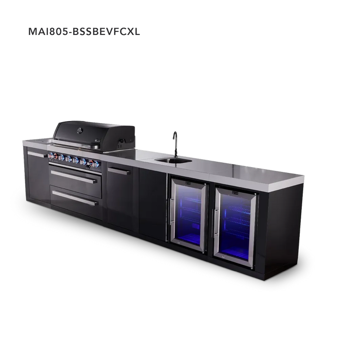 Mont Alpi Mont Alpi 6-Burner Black Series Outdoor Kitchen Island with a Beverage Center, Corner Fridge, and Extra Storage Cabinet MAi805-BSSBEVFCXL Barbecue Finished - Gas