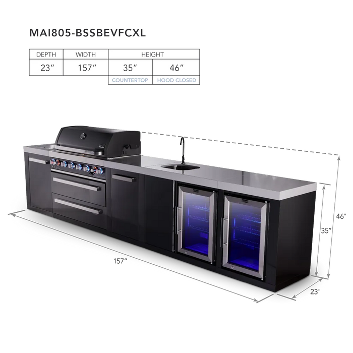Mont Alpi Mont Alpi 6-Burner Black Series Outdoor Kitchen Island with a Beverage Center, Corner Fridge, and Extra Storage Cabinet MAi805-BSSBEVFCXL Barbecue Finished - Gas