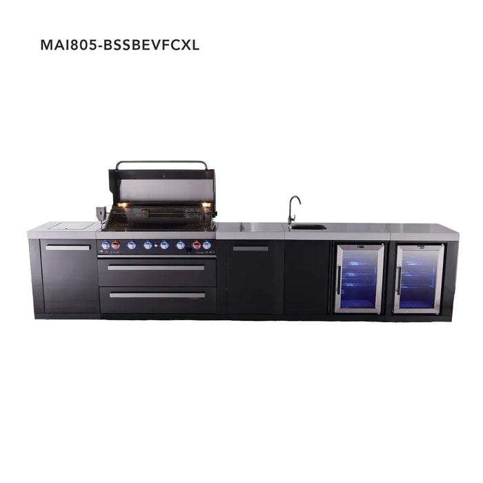 Mont Alpi Mont Alpi 6-Burner Black Series Outdoor Kitchen Island with a Beverage Center, Corner Fridge, and Extra Storage Cabinet MAi805-BSSBEVFCXL Barbecue Finished - Gas