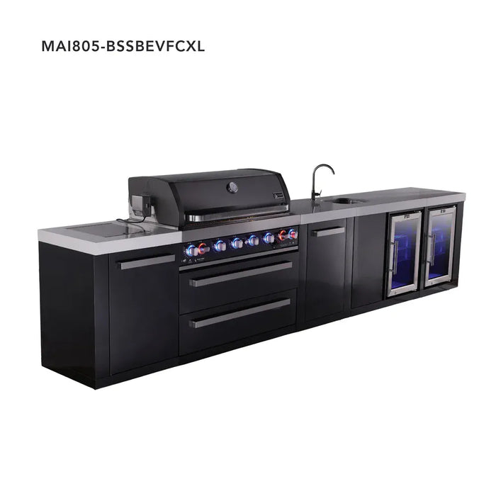 Mont Alpi Mont Alpi 6-Burner Black Series Outdoor Kitchen Island with a Beverage Center, Corner Fridge, and Extra Storage Cabinet MAi805-BSSBEVFCXL Barbecue Finished - Gas