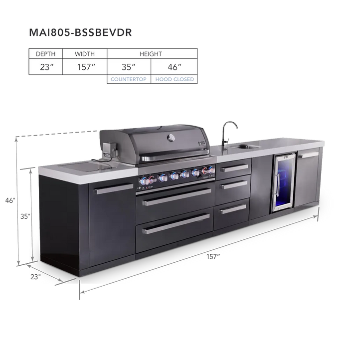 Mont Alpi Mont Alpi 6-Burner Black Series Outdoor Kitchen Island with Beverage Center and Extra Storage Drawers Cabinet MAi805-BSSBEVDR Barbecue Finished - Gas