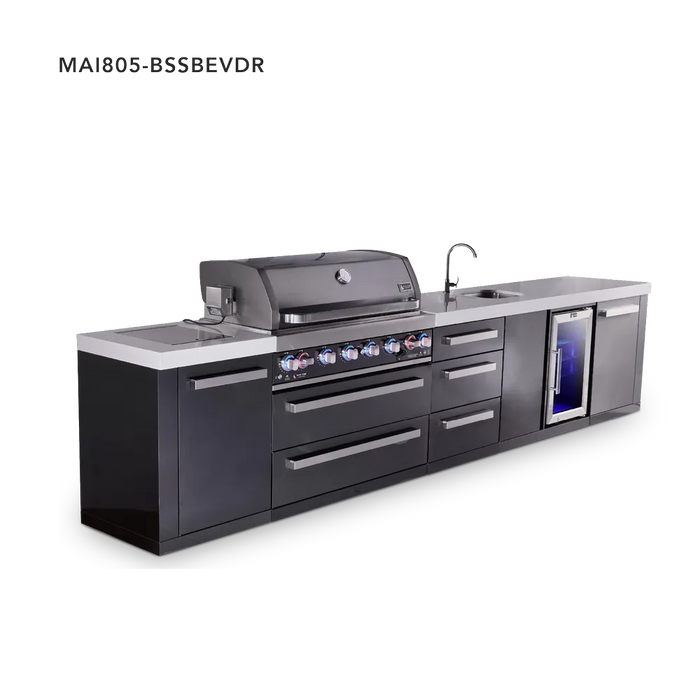 Mont Alpi Mont Alpi 6-Burner Black Series Outdoor Kitchen Island with Beverage Center and Extra Storage Drawers Cabinet MAi805-BSSBEVDR Barbecue Finished - Gas