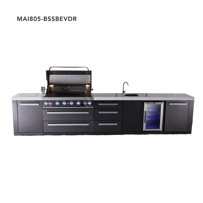 Mont Alpi Mont Alpi 6-Burner Black Series Outdoor Kitchen Island with Beverage Center and Extra Storage Drawers Cabinet MAi805-BSSBEVDR Barbecue Finished - Gas