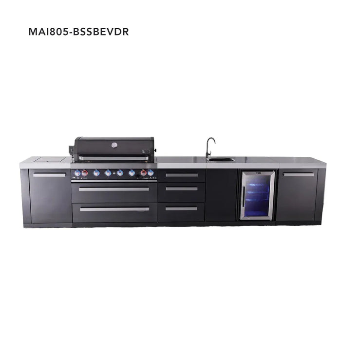Mont Alpi Mont Alpi 6-Burner Black Series Outdoor Kitchen Island with Beverage Center and Extra Storage Drawers Cabinet MAi805-BSSBEVDR Barbecue Finished - Gas