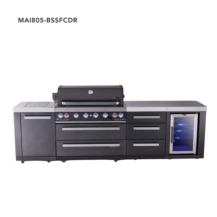 Mont Alpi Mont Alpi 6-Burner Black Series Outdoor Kitchen Island with Corner Fridge and Extra Storage Drawers Cabinet MAi805-BSSFCDR Barbecue Finished - Gas
