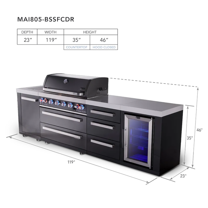 Mont Alpi Mont Alpi 6-Burner Black Series Outdoor Kitchen Island with Corner Fridge and Extra Storage Drawers Cabinet MAi805-BSSFCDR Barbecue Finished - Gas