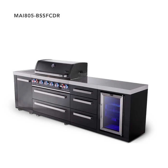 Mont Alpi Mont Alpi 6-Burner Black Series Outdoor Kitchen Island with Corner Fridge and Extra Storage Drawers Cabinet MAi805-BSSFCDR Barbecue Finished - Gas