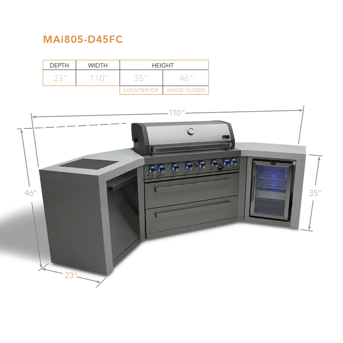 Mont Alpi Mont Alpi 6 Burner Deluxe Island with 45 Degree Corners and Fridge Cabinet MAi805-D45FC Barbecue Finished - Gas