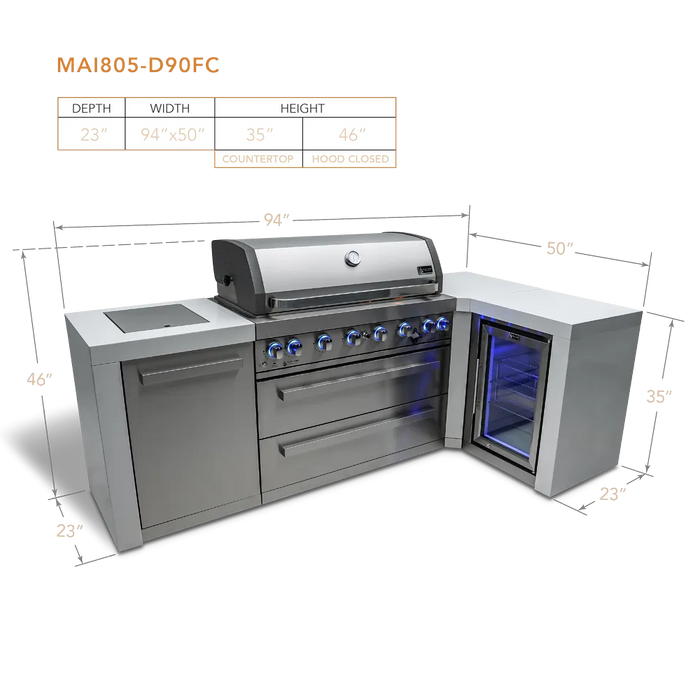 Mont Alpi Mont Alpi 6 Burner Deluxe Island with a 90 Degree Corner and a Fridge Cabinet MAi805-D90FC Barbecue Finished - Gas