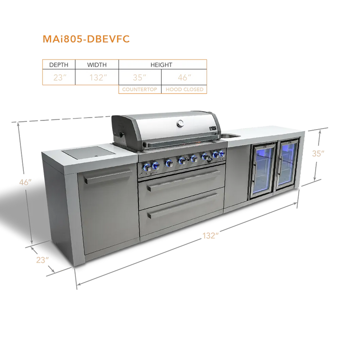 Mont Alpi Mont Alpi 6-Burner Deluxe Island with a Beverage Center and Fridge Cabinet MAi805-DBEVFC Barbecue Finished - Gas