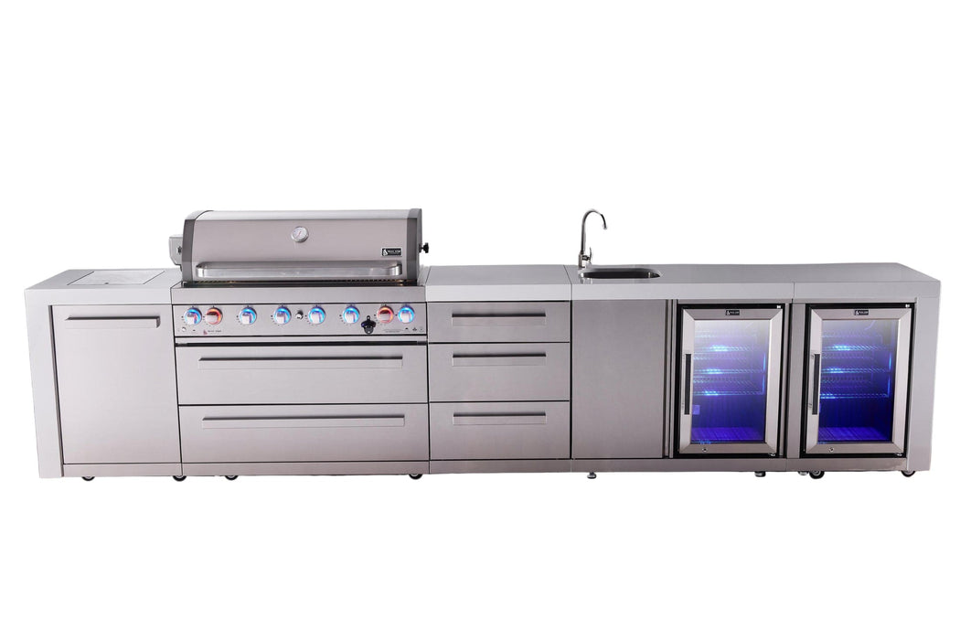 Mont Alpi Mont Alpi 6-Burner Deluxe Island with beverage center and corner fridge module plus extra drawer slides cabinet MAi805-DBEVFCDR Barbecue Finished - Gas