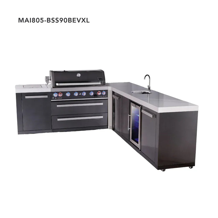 Mont Alpi Mont Alpi 6-Burner L-Shaped Black Series Outdoor Kitchen Island with a Beverage Center and Extra Storage Cabinet MAi805-BSS90BEVXL Barbecue Finished - Gas