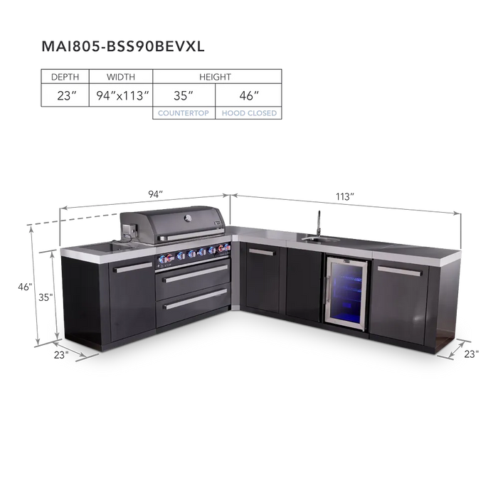Mont Alpi Mont Alpi 6-Burner L-Shaped Black Series Outdoor Kitchen Island with a Beverage Center and Extra Storage Cabinet MAi805-BSS90BEVXL Barbecue Finished - Gas
