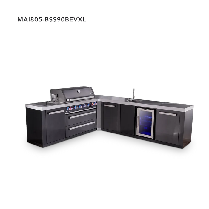 Mont Alpi Mont Alpi 6-Burner L-Shaped Black Series Outdoor Kitchen Island with a Beverage Center and Extra Storage Cabinet MAi805-BSS90BEVXL Barbecue Finished - Gas