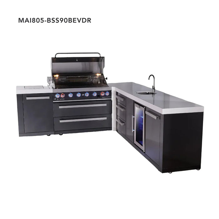 Mont Alpi Mont Alpi 6-Burner L-Shaped Black Series Outdoor Kitchen Island with a Beverage Center and Extra Storage Drawer Slides Cabinet MAi805-BSS90BEVDR Barbecue Finished - Gas