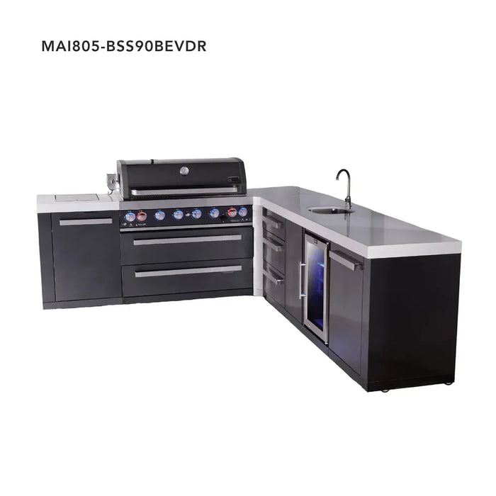Mont Alpi Mont Alpi 6-Burner L-Shaped Black Series Outdoor Kitchen Island with a Beverage Center and Extra Storage Drawer Slides Cabinet MAi805-BSS90BEVDR Barbecue Finished - Gas