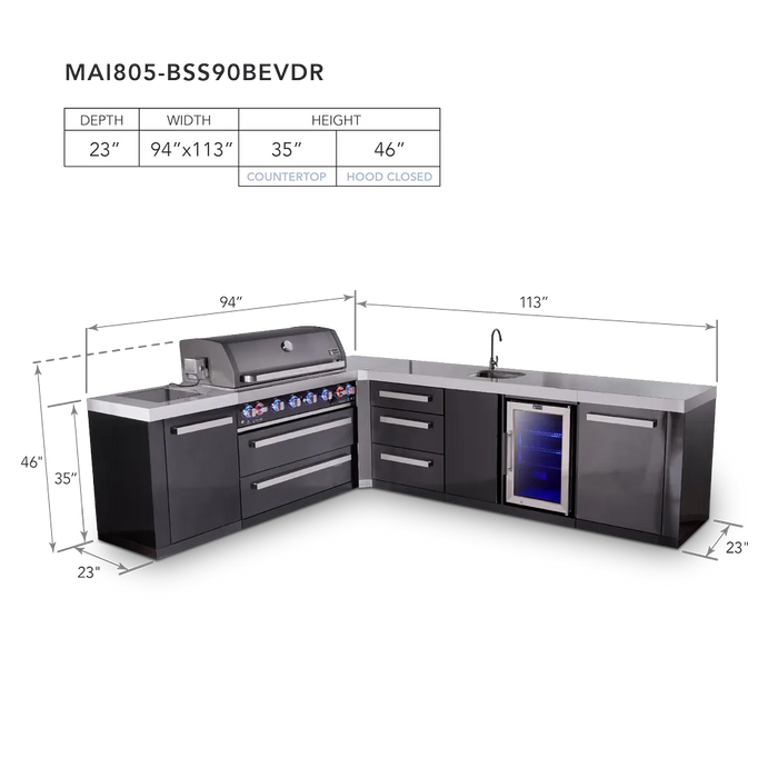 Mont Alpi Mont Alpi 6-Burner L-Shaped Black Series Outdoor Kitchen Island with a Beverage Center and Extra Storage Drawer Slides Cabinet MAi805-BSS90BEVDR Barbecue Finished - Gas