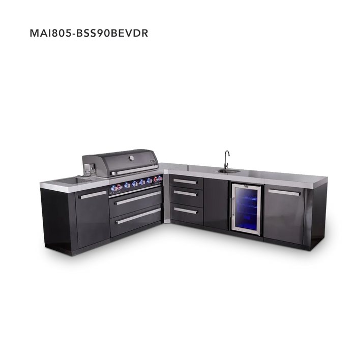 Mont Alpi Mont Alpi 6-Burner L-Shaped Black Series Outdoor Kitchen Island with a Beverage Center and Extra Storage Drawer Slides Cabinet MAi805-BSS90BEVDR Barbecue Finished - Gas