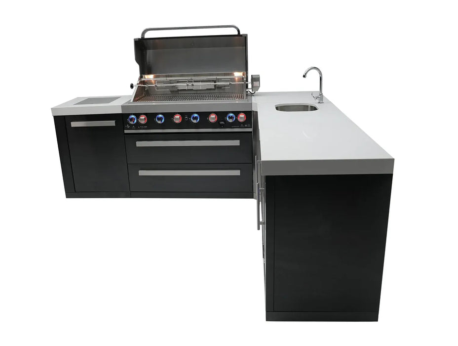Mont Alpi Mont Alpi 6-Burner L-Shaped Black Series Outdoor Kitchen Island with a Beverage Center and Fridge Cabinet MAi805-BSS90BEVFC Barbecue Finished - Gas