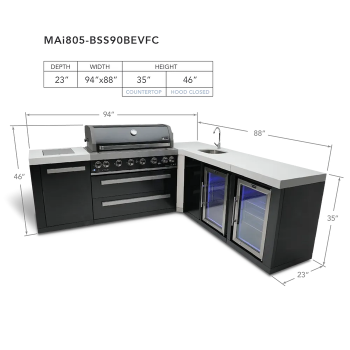 Mont Alpi Mont Alpi 6-Burner L-Shaped Black Series Outdoor Kitchen Island with a Beverage Center and Fridge Cabinet MAi805-BSS90BEVFC Barbecue Finished - Gas