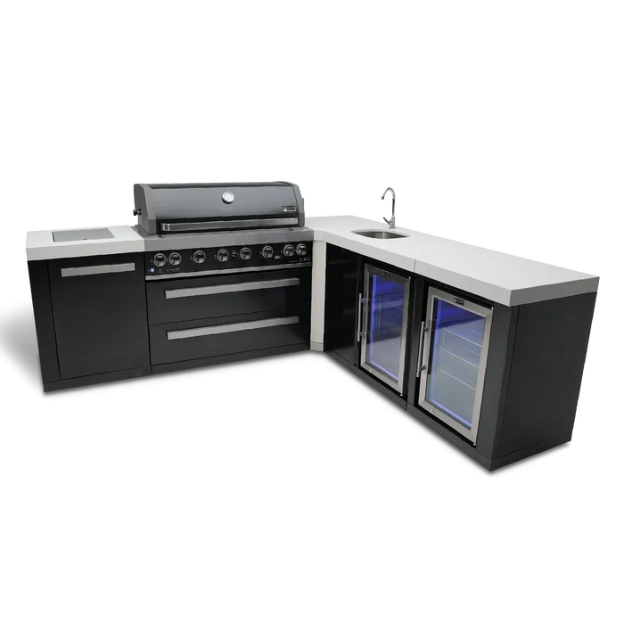 Mont Alpi Mont Alpi 6-Burner L-Shaped Black Series Outdoor Kitchen Island with a Beverage Center and Fridge Cabinet MAi805-BSS90BEVFC Barbecue Finished - Gas