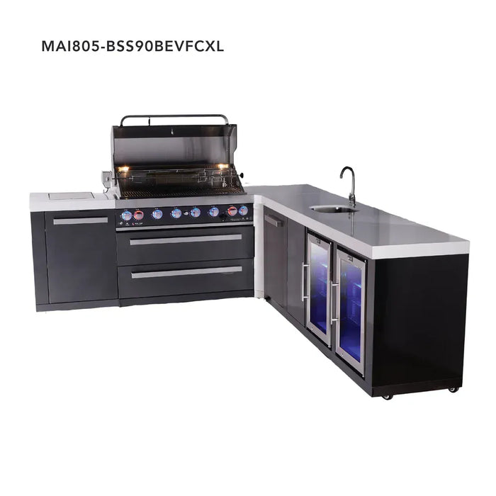 Mont Alpi Mont Alpi 6-Burner L-Shaped Black Series Outdoor Kitchen Island with a Beverage Center, Corner Fridge, and Extra Storage Cabinet MAi805-BSS90BEVFCXL Barbecue Finished - Gas