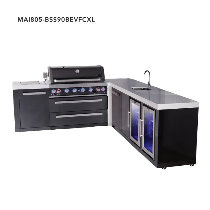 Mont Alpi Mont Alpi 6-Burner L-Shaped Black Series Outdoor Kitchen Island with a Beverage Center, Corner Fridge, and Extra Storage Cabinet MAi805-BSS90BEVFCXL Barbecue Finished - Gas