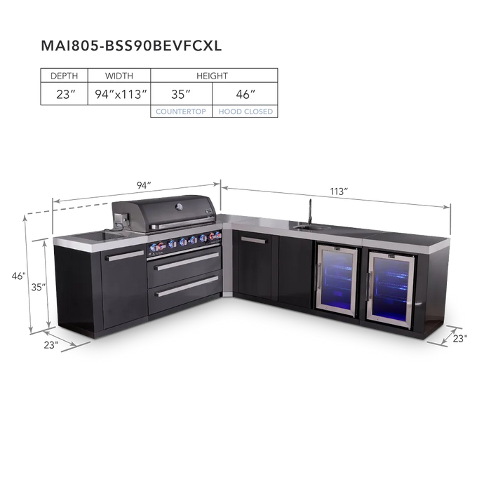 Mont Alpi Mont Alpi 6-Burner L-Shaped Black Series Outdoor Kitchen Island with a Beverage Center, Corner Fridge, and Extra Storage Cabinet MAi805-BSS90BEVFCXL Barbecue Finished - Gas