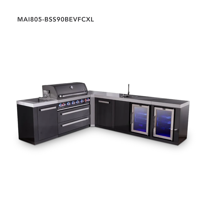 Mont Alpi Mont Alpi 6-Burner L-Shaped Black Series Outdoor Kitchen Island with a Beverage Center, Corner Fridge, and Extra Storage Cabinet MAi805-BSS90BEVFCXL Barbecue Finished - Gas