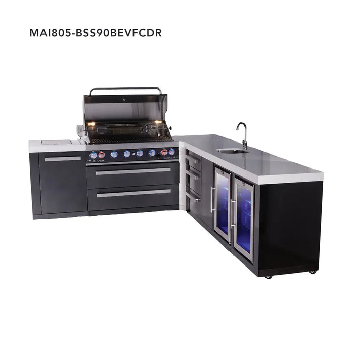 Mont Alpi Mont Alpi 6-Burner L-Shaped Black Series Outdoor Kitchen Island with a Beverage Center, Corner Fridge, and Extra Storage Drawer Slides Cabinet MAi805-BSS90BEVFCDR Barbecue Finished - Gas