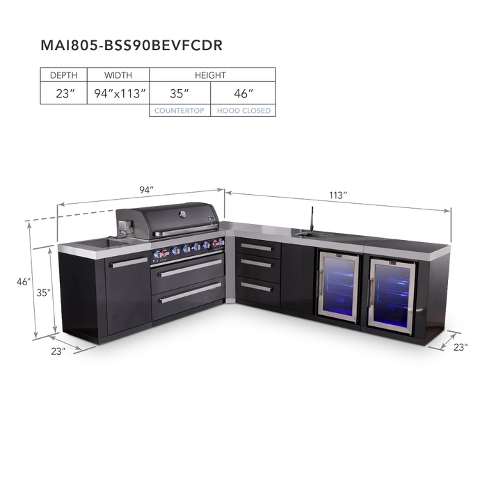Mont Alpi Mont Alpi 6-Burner L-Shaped Black Series Outdoor Kitchen Island with a Beverage Center, Corner Fridge, and Extra Storage Drawer Slides Cabinet MAi805-BSS90BEVFCDR Barbecue Finished - Gas