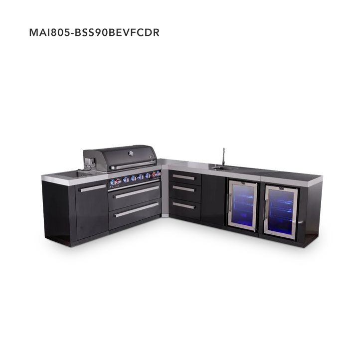Mont Alpi Mont Alpi 6-Burner L-Shaped Black Series Outdoor Kitchen Island with a Beverage Center, Corner Fridge, and Extra Storage Drawer Slides Cabinet MAi805-BSS90BEVFCDR Barbecue Finished - Gas