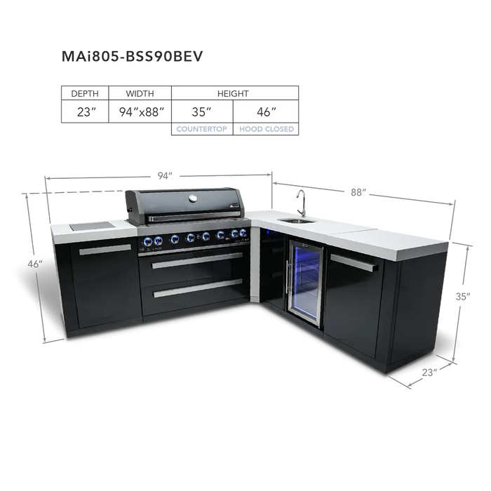Mont Alpi Mont Alpi 6-Burner L-Shaped Black Series Outdoor Kitchen Island with a Beverage Center MAi805-BSS90BEV Barbecue Finished - Gas