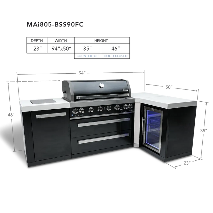 Mont Alpi Mont Alpi 6-Burner L-Shaped Black Series Outdoor Kitchen Island with a Fridge Cabinet MAi805-BSS90FC Barbecue Finished - Gas