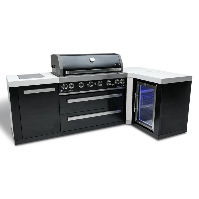 Mont Alpi Mont Alpi 6-Burner L-Shaped Black Series Outdoor Kitchen Island with a Fridge Cabinet MAi805-BSS90FC Barbecue Finished - Gas
