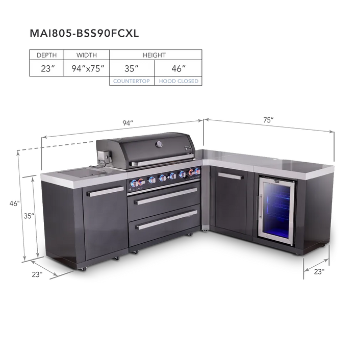 Mont Alpi Mont Alpi 6-Burner L-Shaped Black Series Outdoor Kitchen Island with Corner Fridge and Extra Storage Cabinet MAi805-BSS90FCXL Barbecue Finished - Gas