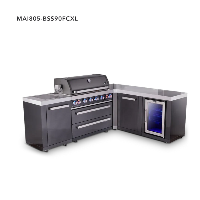 Mont Alpi Mont Alpi 6-Burner L-Shaped Black Series Outdoor Kitchen Island with Corner Fridge and Extra Storage Cabinet MAi805-BSS90FCXL Barbecue Finished - Gas