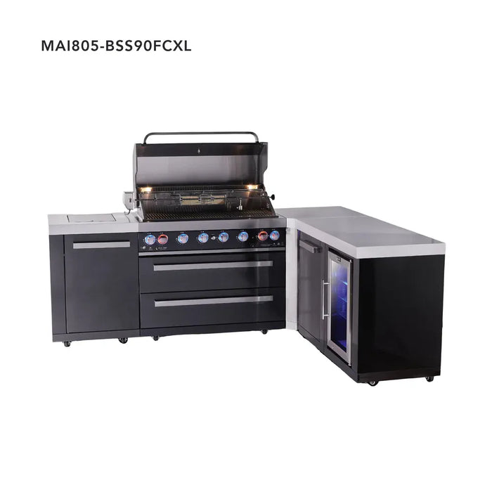 Mont Alpi Mont Alpi 6-Burner L-Shaped Black Series Outdoor Kitchen Island with Corner Fridge and Extra Storage Cabinet MAi805-BSS90FCXL Barbecue Finished - Gas