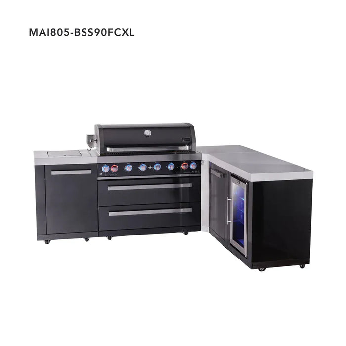Mont Alpi Mont Alpi 6-Burner L-Shaped Black Series Outdoor Kitchen Island with Corner Fridge and Extra Storage Cabinet MAi805-BSS90FCXL Barbecue Finished - Gas