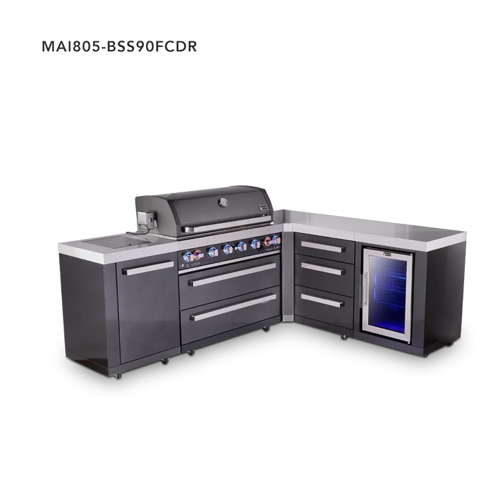 Mont Alpi Mont Alpi 6-Burner L-Shaped Black Series Outdoor Kitchen Island with Corner Fridge and Extra Storage Drawer Slides Cabinet MAi805-BSS90FCDR Barbecue Finished - Gas