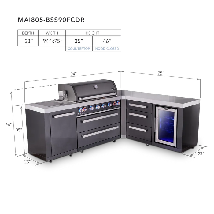 Mont Alpi Mont Alpi 6-Burner L-Shaped Black Series Outdoor Kitchen Island with Corner Fridge and Extra Storage Drawer Slides Cabinet MAi805-BSS90FCDR Barbecue Finished - Gas
