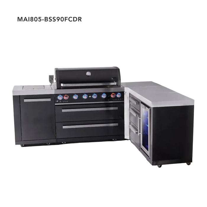 Mont Alpi Mont Alpi 6-Burner L-Shaped Black Series Outdoor Kitchen Island with Corner Fridge and Extra Storage Drawer Slides Cabinet MAi805-BSS90FCDR Barbecue Finished - Gas