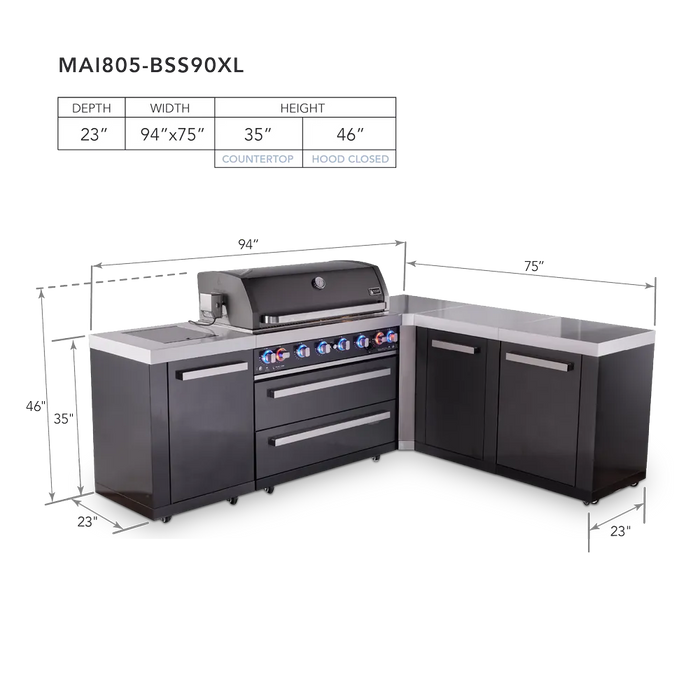 Mont Alpi Mont Alpi 6-Burner L-Shaped Black Series Outdoor Kitchen Island with Extra Storage Cabinet MAi805-BSS90XL Barbecue Finished - Gas