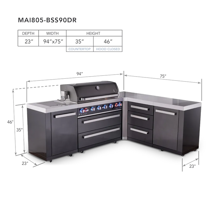 Mont Alpi Mont Alpi 6-Burner L-Shaped Black Series Outdoor Kitchen Island with Extra Storage Drawer Slides Cabinet MAi805-BSS90DR Barbecue Finished - Gas