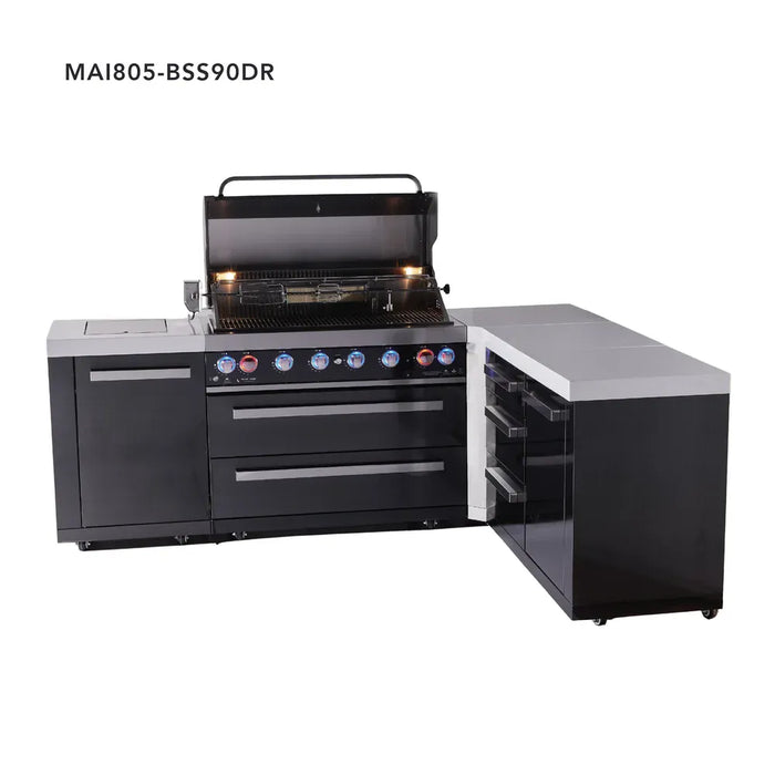Mont Alpi Mont Alpi 6-Burner L-Shaped Black Series Outdoor Kitchen Island with Extra Storage Drawer Slides Cabinet MAi805-BSS90DR Barbecue Finished - Gas