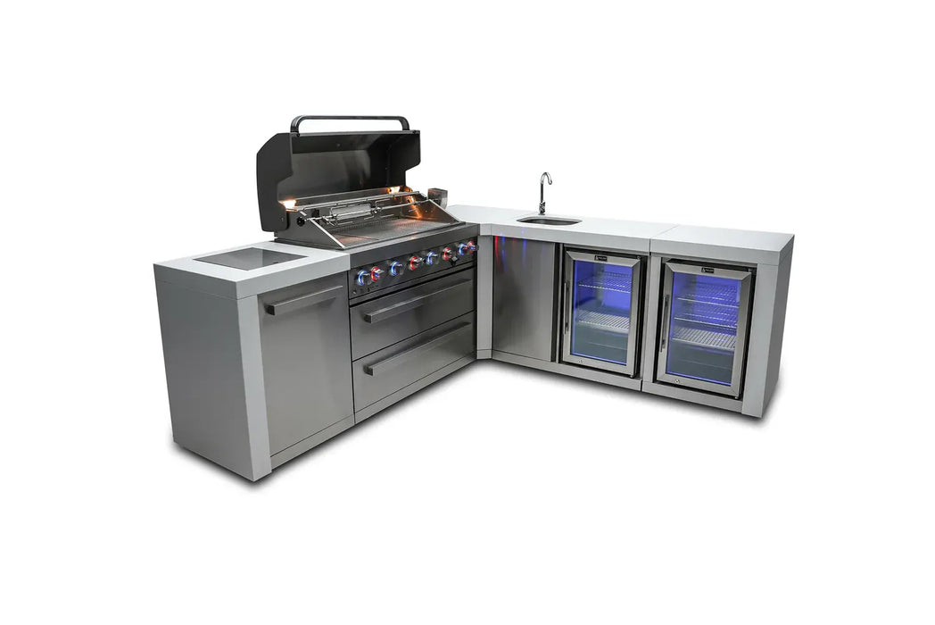 Mont Alpi Mont Alpi 6 Burner L-Shaped Deluxe Series Outdoor Kitchen Island with Beverage Center and Fridge Cabinet MAi805-D90BEVFC Barbecue Finished - Gas